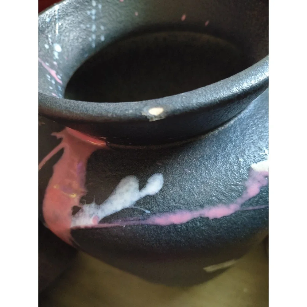 Vintage 80s Harris Pottery Vase Classic Black Pink/White Splatter Retro Abstract